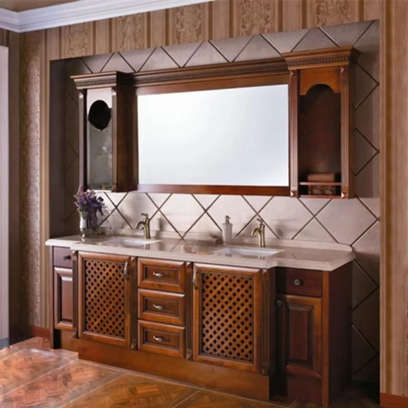 Antique European Double Sink Cabinet Bathroom Vanity Modern European Solid Wood Stainless Steel Black Bathroom Cabinet Vanity