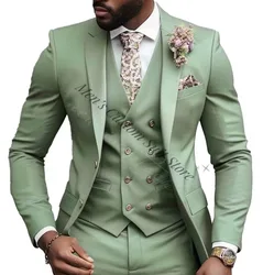 Fashionable Sage Green Men's 3-Piece Suits Regular Fit Notched Lapel Wedding Tuxedo Blazer Vest Pants Groomsmen Party Suits Wear