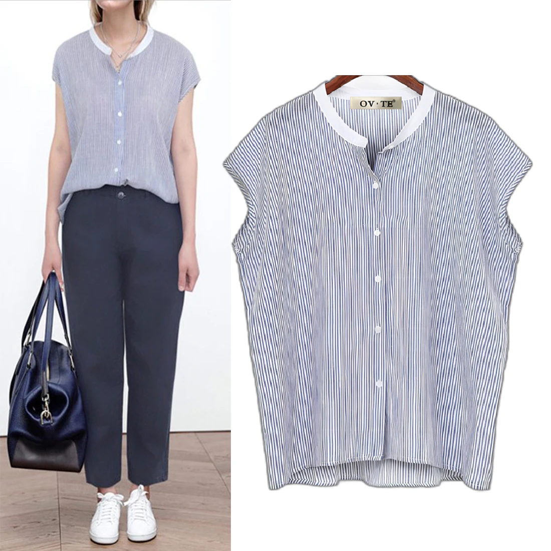 

Летняя свободная полосатая женская блузка с воротником-стойкой и одной пуговицей, модная повседневная блузка больших размеров