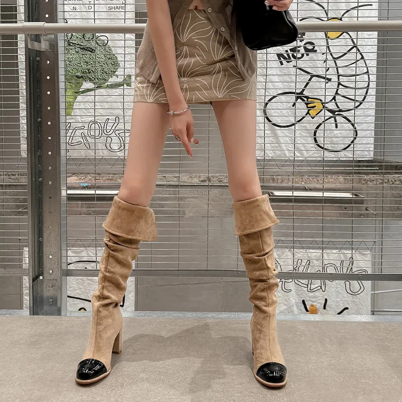 MKKHOU Fashion Over the knee Boots New High-Quality Suede Round Toe Color Blocked Pleated High Heels Modern Long Boots Women