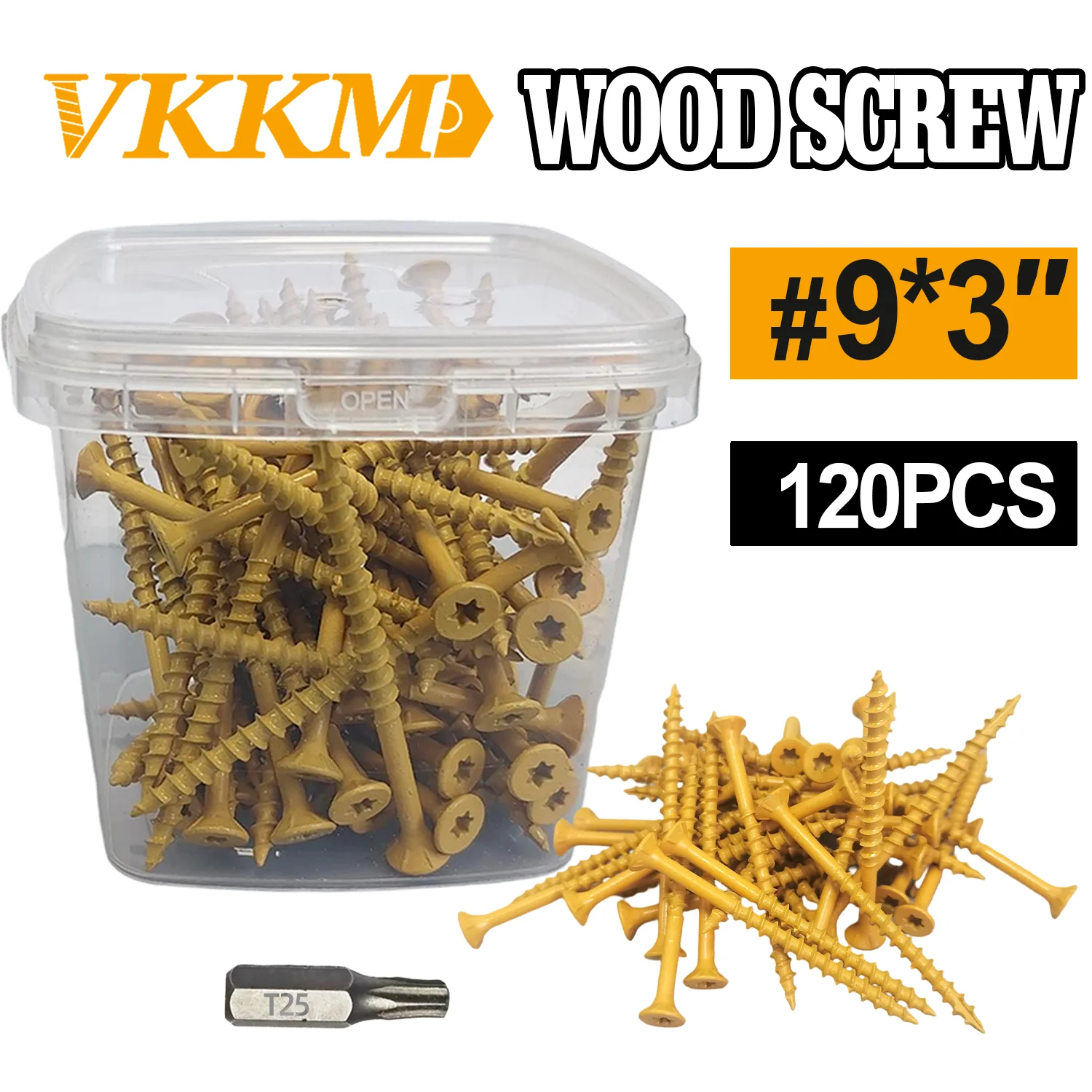 

VKKM 3-inch Deck Screws, Wood Screws #9x3, 120 Pieces, Anti-rust Epoxy Resin Coating, Including Torx T25 Drive, Yellow