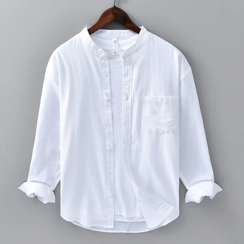 Cotton Linen Shirts for Men Spring Summer Daily Causal Loose Long Sleeve Shirt Pocket Stand Collar Plain Shirt Simple Breathable