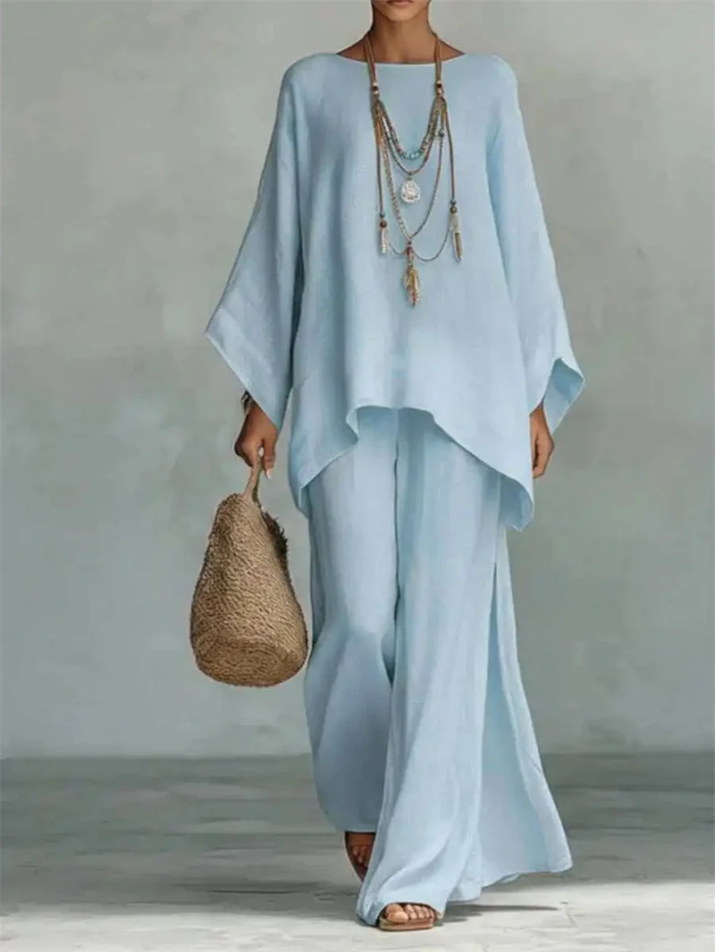 Loose Ramie Set For Women Large Size With Bat Sleeves V-neck Cotton Linen T-shirt Casual Lantern Pants Two-Piece Set For Summer