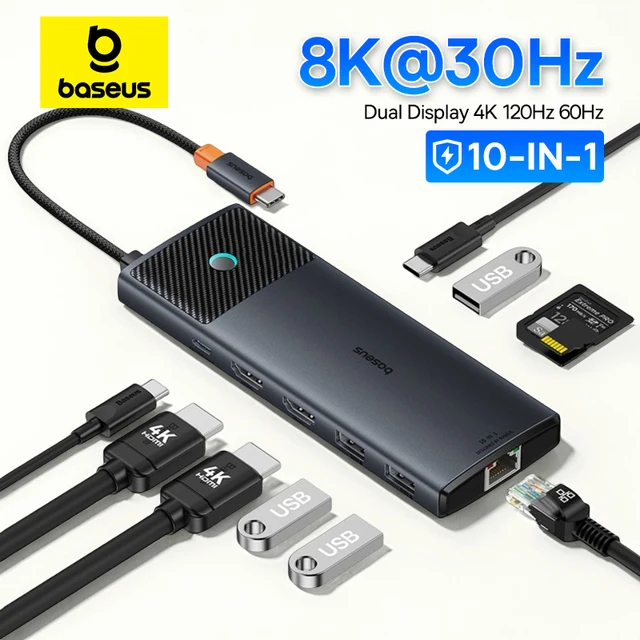 Baseus USB C HUB Dual HDMI 8K 4K Adaptador 10-em-1 USB 3.2 10Gbps Splitter com RJ45 SD TF Tipo C PD 100W para MacBook Pro Air HUB