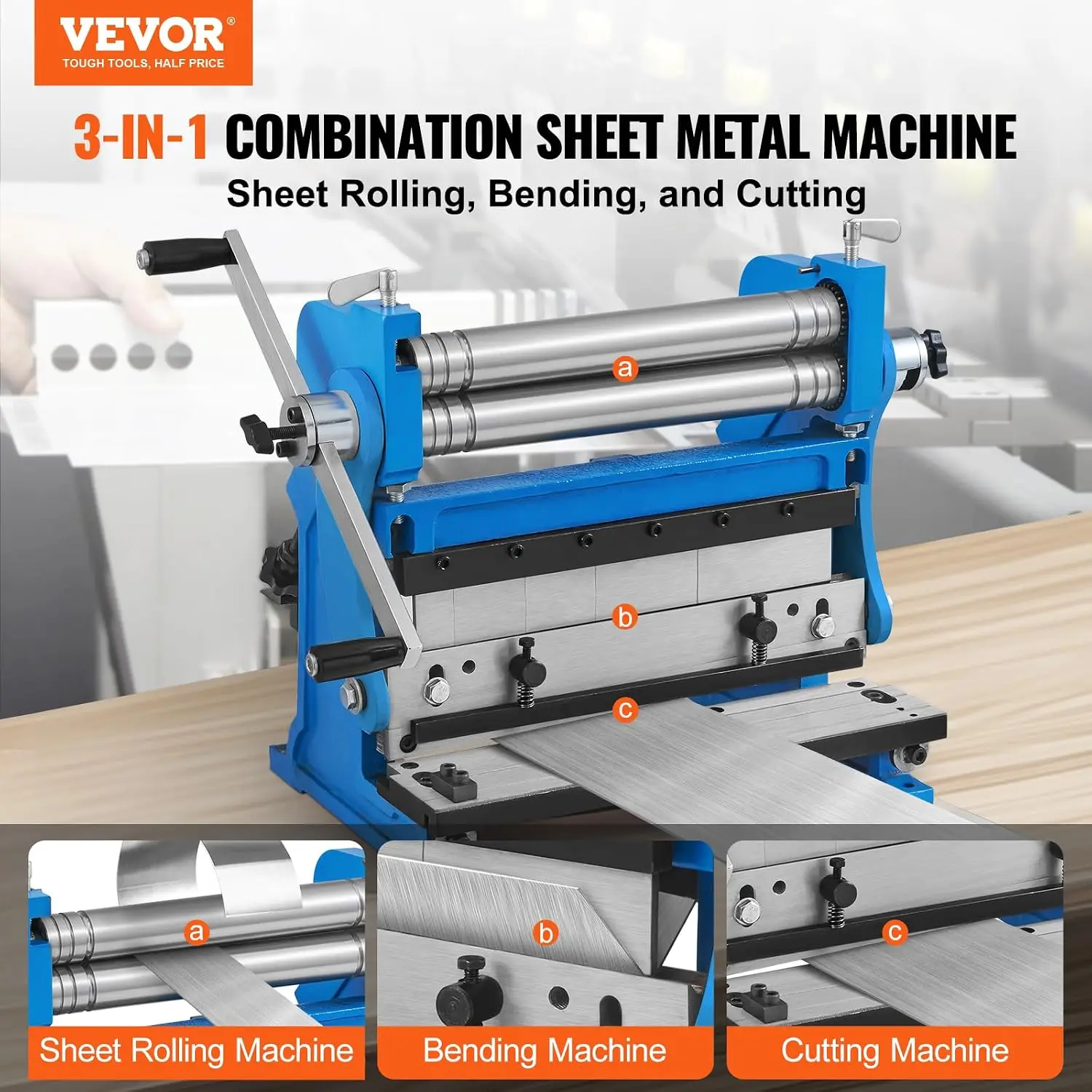 Sheet Metal Brake, 12-inch, 3-In-1 Combination Shear Brake Roll Machine, 20-Gauge Capacity Shear Press Brake with 90° Max Bendin