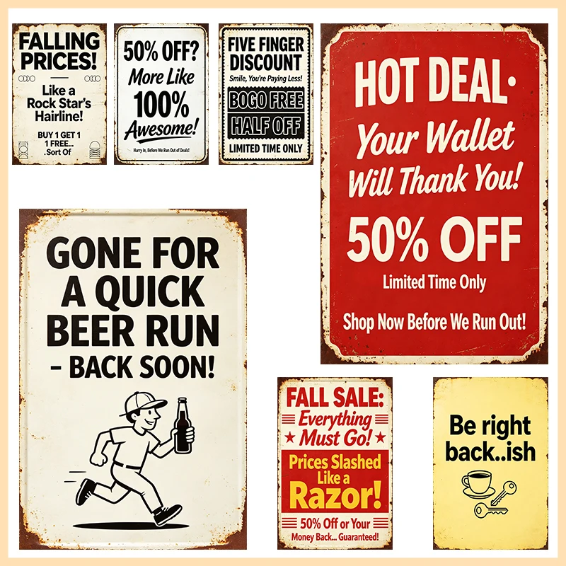 Vintage Funny Sale & Beer Run Metal Tin Sign Retro Discount Humorous Wall Art Decor Plaque for Shop Bar Store Entryway Sign Gift