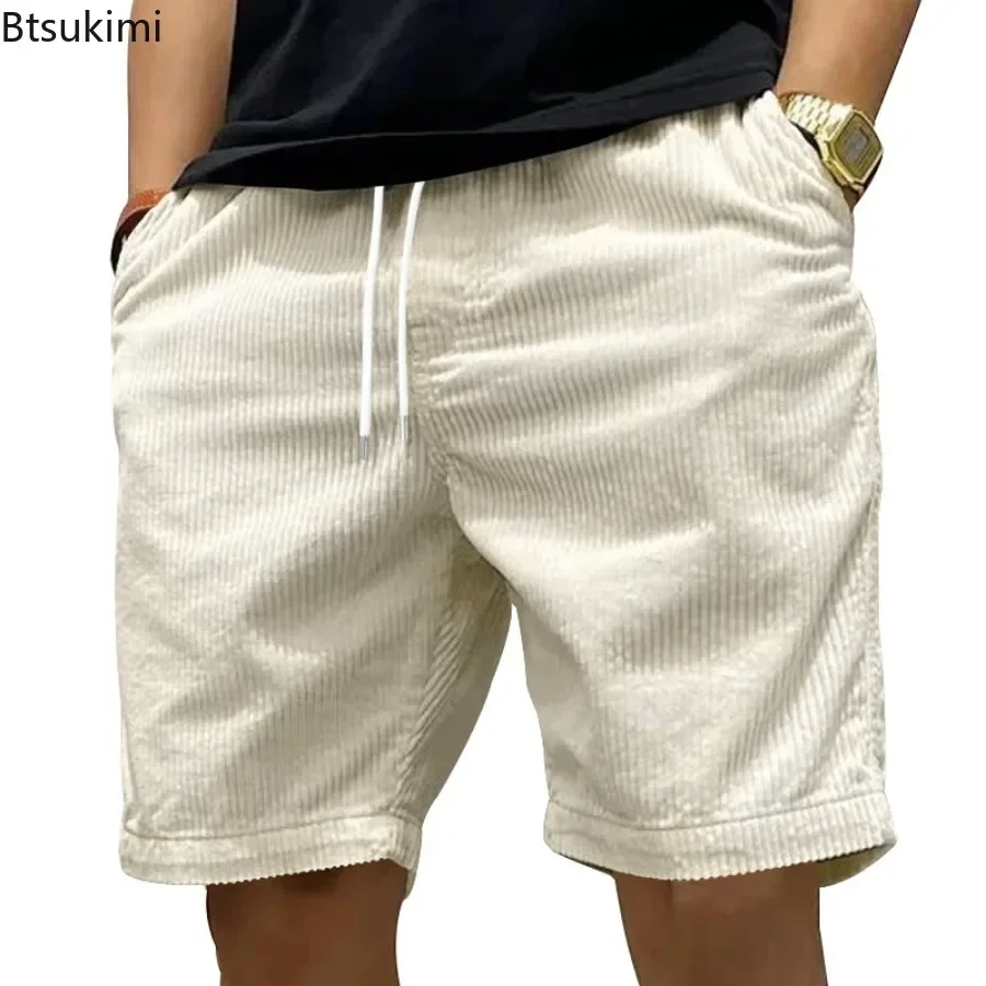 New 2025 Mens Fashion Casual Corduroy Shorts Yellow Apricot Beach Shorts Plus Size Male Drawstring Half Pants Sexy Mens Clothing