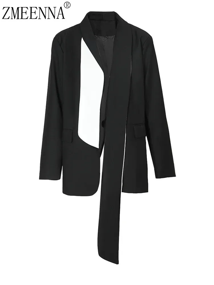 ZMEENNA Schwarz Band Frauen Farbe-block Blazer Große Größe Neue Revers Lange Hülse Lose Fit Jacke Mode Frühling Herbst 2024 ZM226