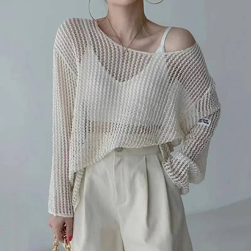 summer Lady Hollow Out Mesh Thin Pullover Women\'s Knitted Sweaters See Through Look Long Sleeve Loose Tops Smock Sunscreen shirt