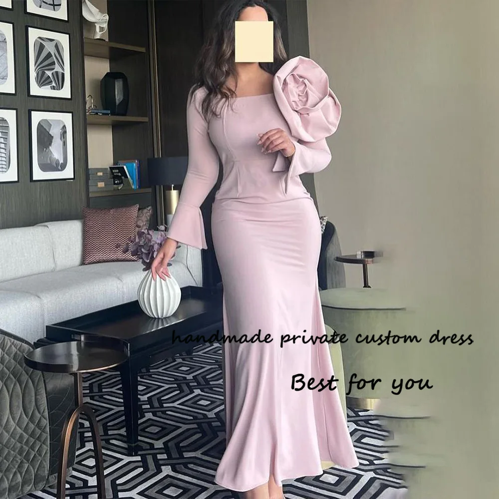 

Light Lavender Satin Mermaid Evening Dresses Long Sleeve Square Neck Arabic Formal Prom Dress Ankle Length Evening Gowns