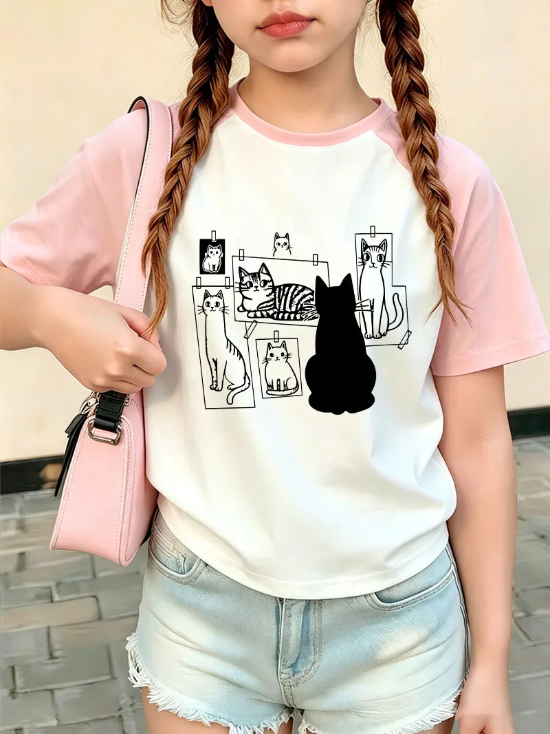 Vintage Art Cat T Shirts Cat Funny Graphic T Shirt Kids Children's T-shirt Boys Girls Casual Top Tee Summer Spring Clothes