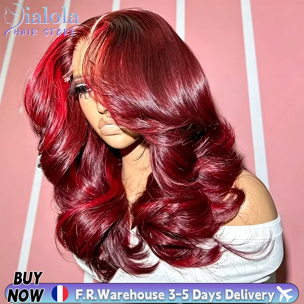 Perruque en cheveux humains Dialola 99j Bourgogne 13x6 HD Lace Frontal, ondulée, colorée, avec dentelle transparente 13x4, pour femmes, perruque rouge ondulée lâche de 32 pouces