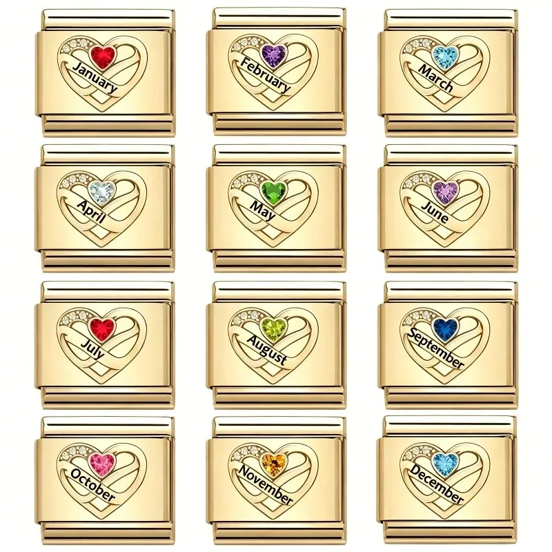 Stainless Steel Modular Italian Charms Bracelet Links Gold Color DIY Strap Elastic Buckle With Monthly Love Heart Pattern Design