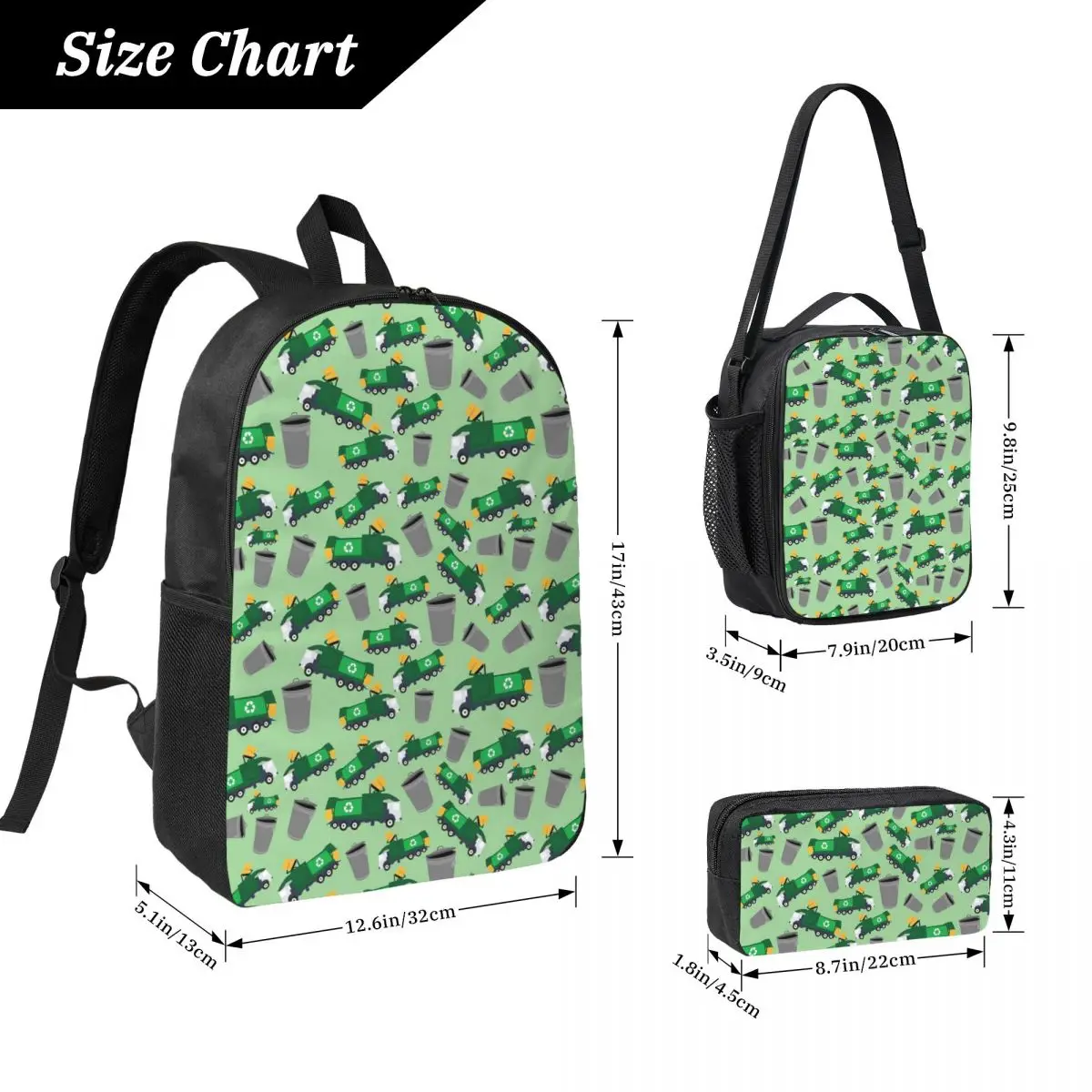 Recycling Garbage Truck Pattern Backpack Student Boys Girls BookBag School Bag Shoulder Bags 3ps Insulated Lunch Bag Pencil Case