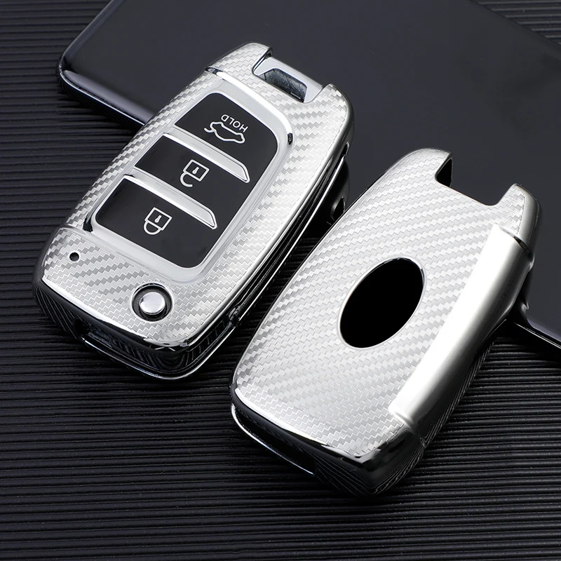 Carbon Fiber TPU Car Flip Key Case Cover For Hyundai Elantra Solaris Tucson i30 i35 i40 KONA Genesis Santa Fe Azera Holder Shell