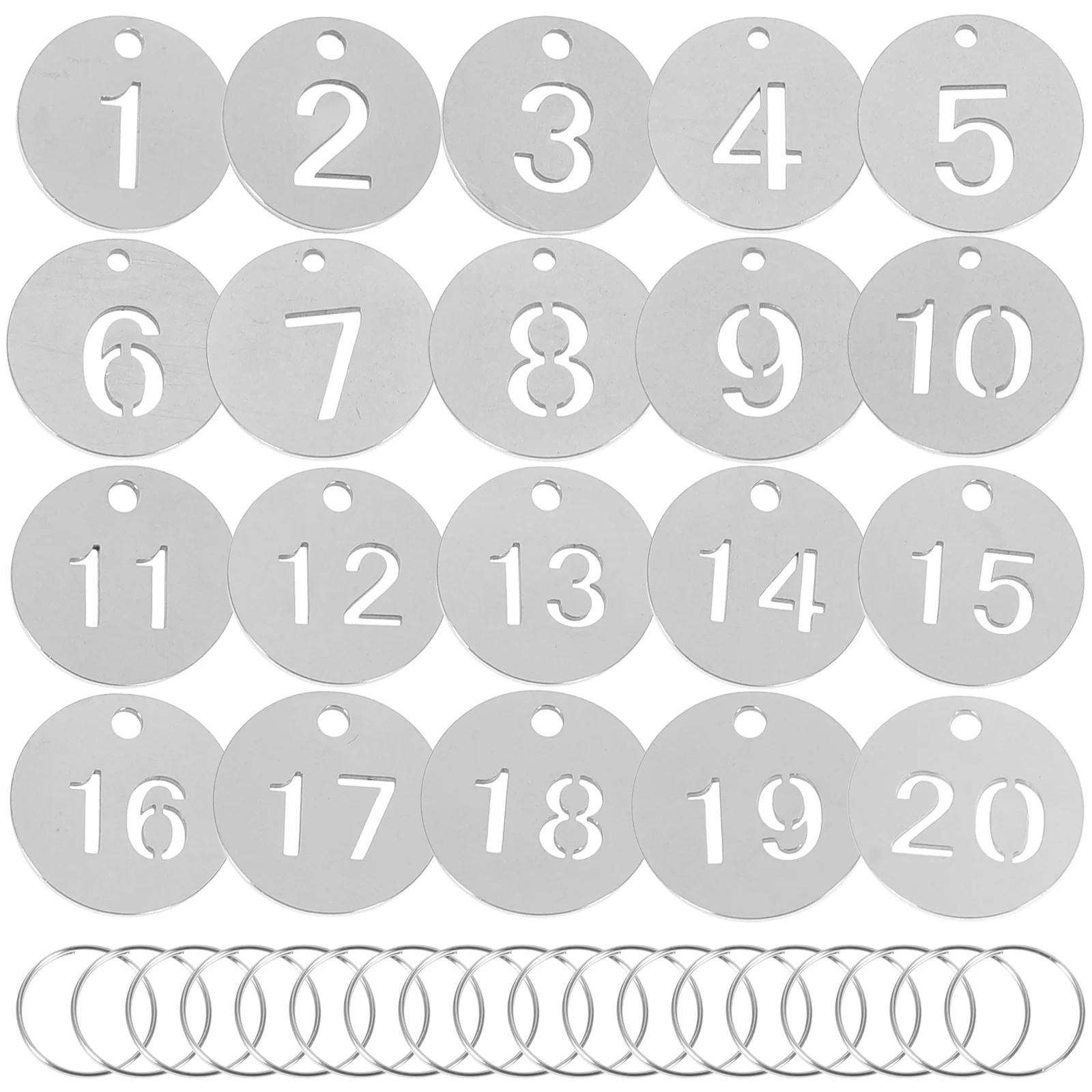 20 Pcs Stainless Steel Number Plate Key Identifiers Labels with Rings Locket Tags Round Numbered Chain Office