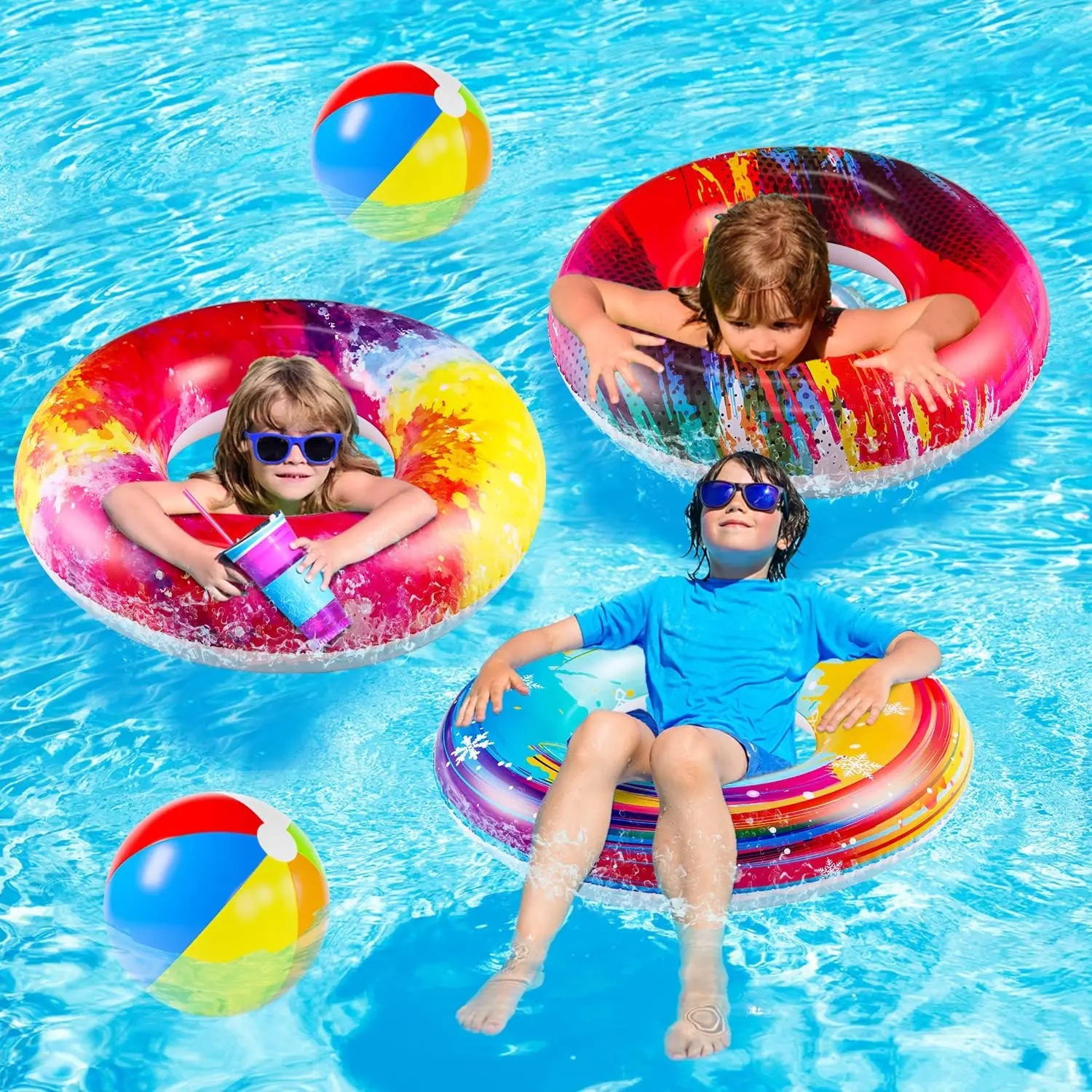 6 pçs grandes piscina flutua tubos: piscina inflável flutua anéis de natação com bolas de praia brilhantemente coloridos piscina flutua festa brinquedos cocô