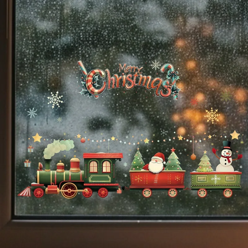 Santa Train Christmas Wall Stickers Removable Self-Adhesive For Kids Room Restaurant Shop Decor