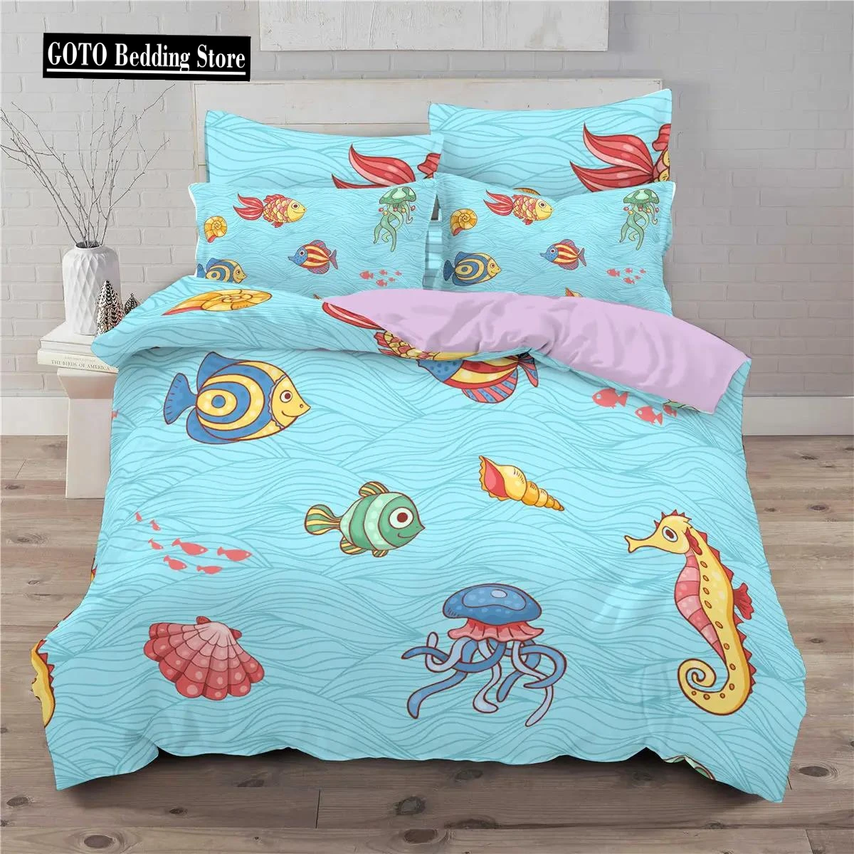 Winter Blue Marine Organism Bedding 100% Bamboo Fiber Duvetcover Pillowcase Quality Super Soft Comfortable Bed Cover Set