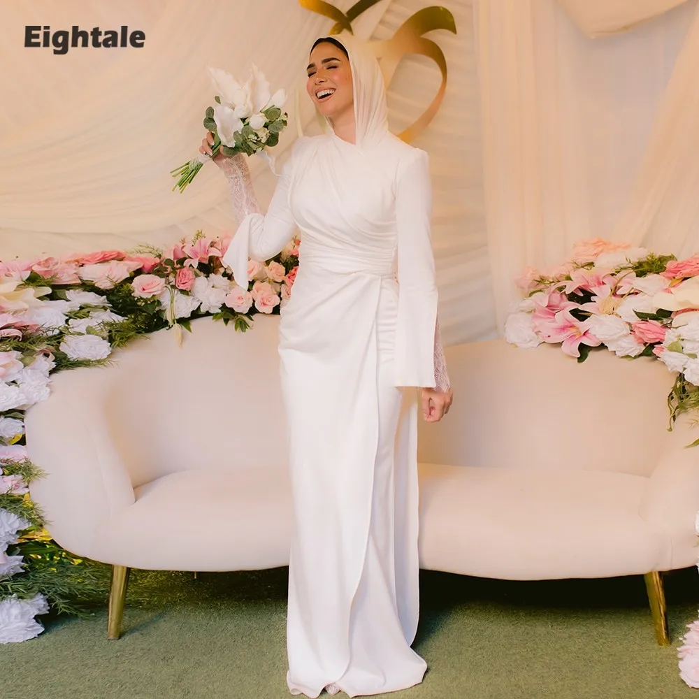 Eightale Arabisches Hochzeitskleid mit O-Ausschnitt, individuell gestaltet, weiß, elfenbeinfarben, Perlen, lange Ärmel, muslimisches Brautkleid, Meerjungfrau-Braut-Partykleid