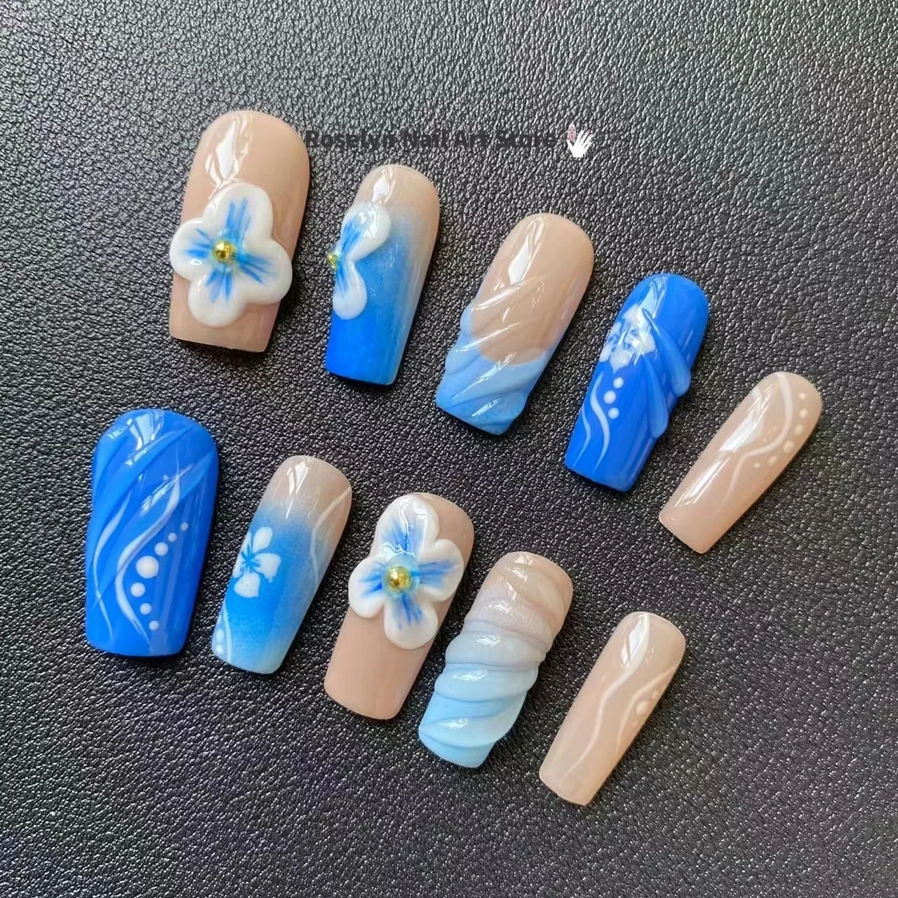 New 2024 Brand New Handmade 3D Floral Series Blue Holiday Limited Edition Glossy Relief Fake Nails, with Toolkit Included