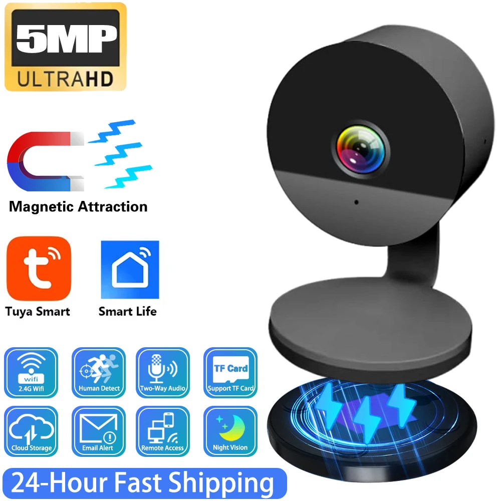 

5MP черный магнитный Tuya Smartlife домашнее крепление круглой формы небольшой размер IP-видео невидимая домашняя безопасность радионяня мини IP-камера