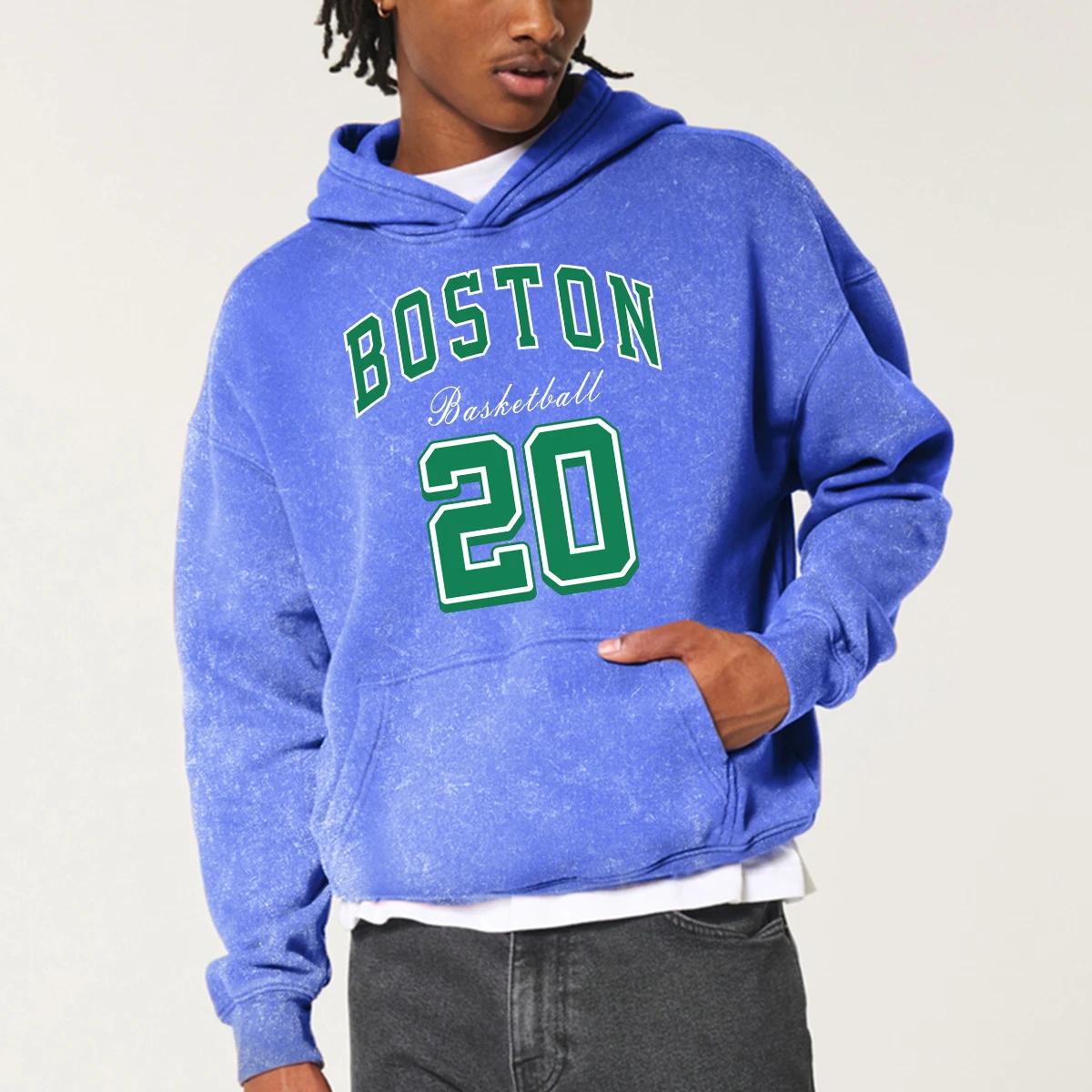 America City Boston No.20 Green Letter Hoodie Men Retro Washed Hoodies Autumn Oversize Cotton Sweatshirt Simple Loose Hoody Tops