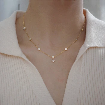 925 Sterling Silver Czterolistny kwiat Cyrkon Naszyjnik dla kobiet Choker Łańcuch obojczyka Drobna biżuteria Prezent ślubny