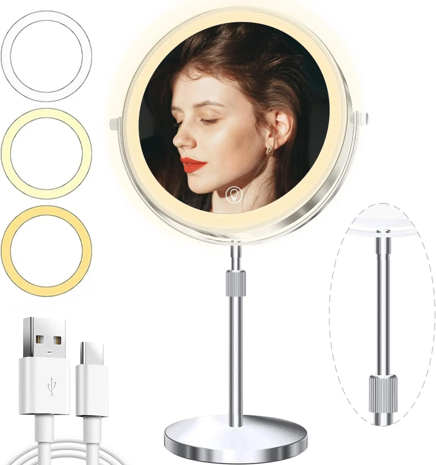 

9inch Lighted Makeup Mirror With Magnification, 3 Colors, Adjustable Brightness & Height, 360° Rotation, 10X Magnifying Mirror