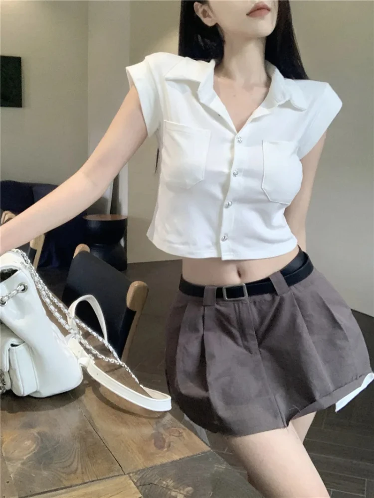 

Белые рубашки, женские сексуальные укороченные топы, винтажные летние эстетические уличные костюмы для девочек, модная одежда, нежная элегантная повседневная одежда Jk Basics Chic