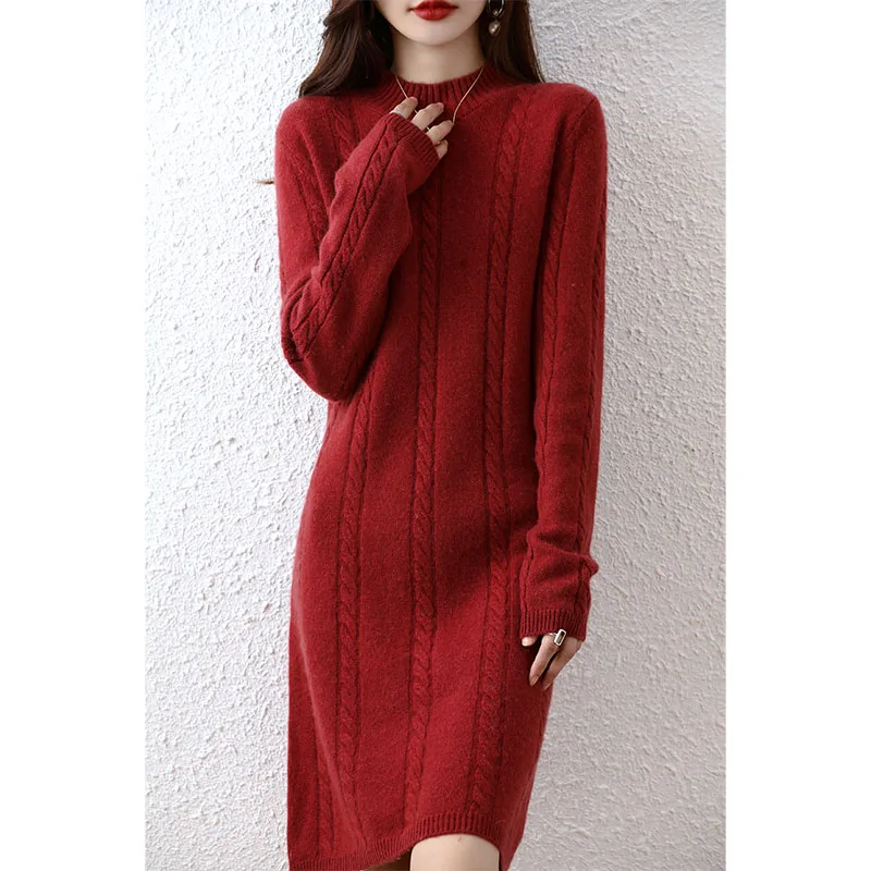 Autumn Winter Women\'s 100% Merino Wool Dress Solid Color Knitted O Neck Long Sleeve Warm Pullover