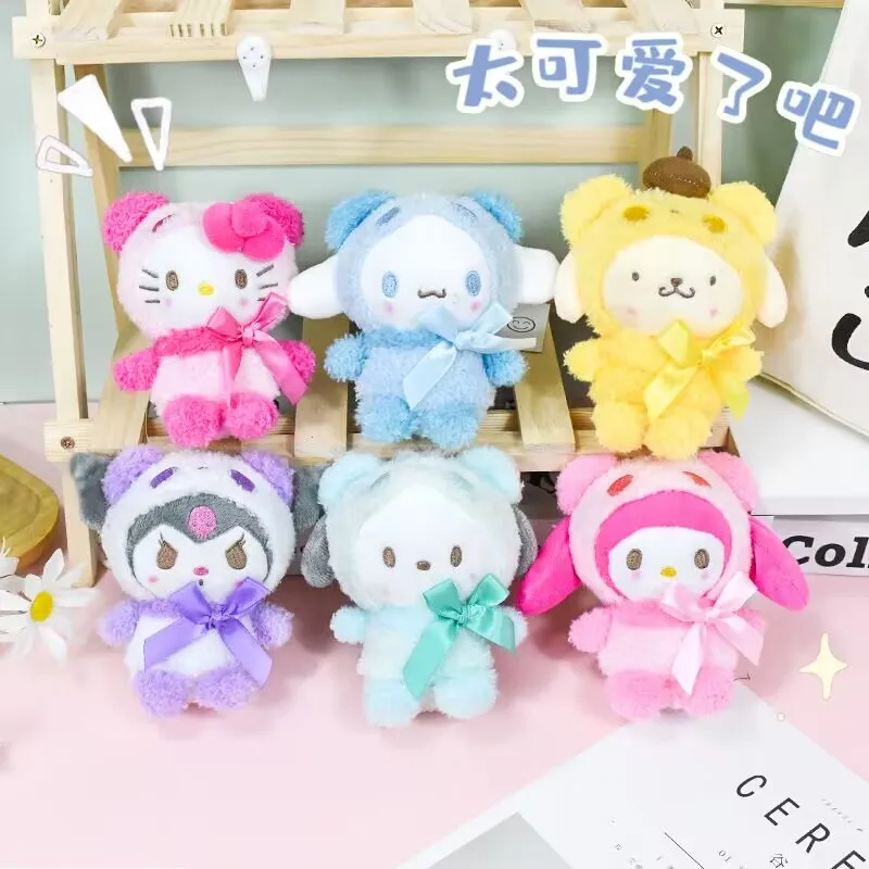 6 Stks/partij 12Cm Sanrio Pluche Kawaii Anime Mijn Melodie Hello Kitty Cinnamoroll Knuffel Pop Cartoon Schattige Pop Rugzak Hanger