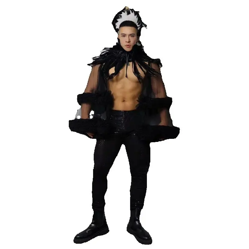 Nachtclub Bar DJ Halloween Pole Dance Kleidung Männer Feder Top Pailletten Hosen Gogo Kostüm Bühne Leistung Rave Outfit XS10398