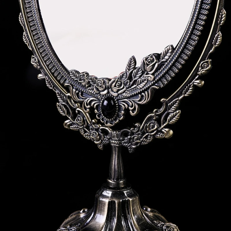 Metal Tabletop Antique Makeup Mirror with Stand Vintage Double Sided Cosmetic Mirror Desktop Oval Dressing Drop Shipping