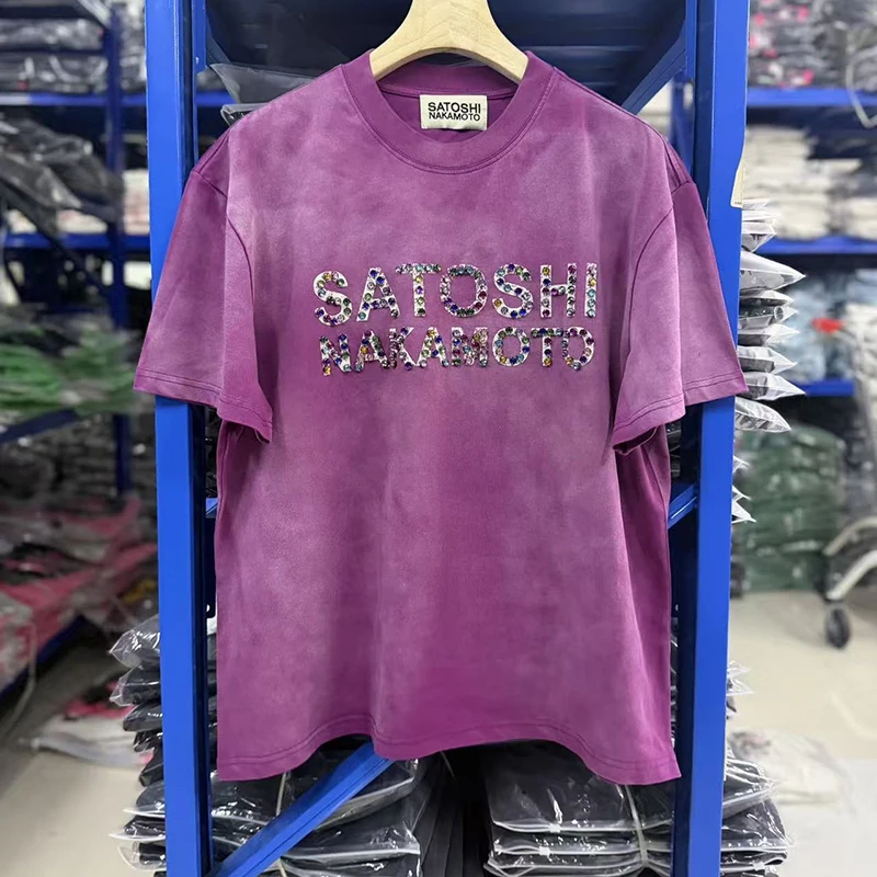 26SS Classic Design Men Women Satoshi Nakamoto T-Shirts Retro Wash Colorful Studded Letter Logo Hip Hop Oversized Tops Tees