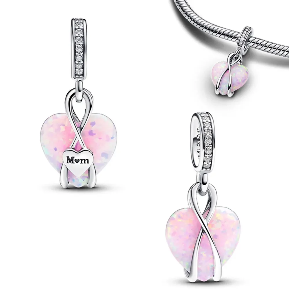 Original 925 Silver Charms Zircon Heart Rose Pink Flower Charm Fits Pandora Charms Bracelet 2024 Mother’s Day Jewelry Gifts