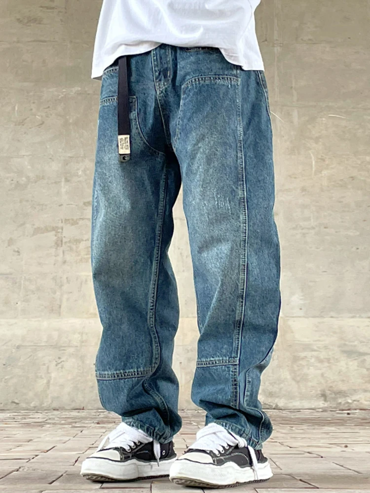 

Retro Japanese Sle Loose Fit Cone aped Denim Jeans Men's Waed Patchwork Logging Workwear Harem Cucumber Pants Trendy