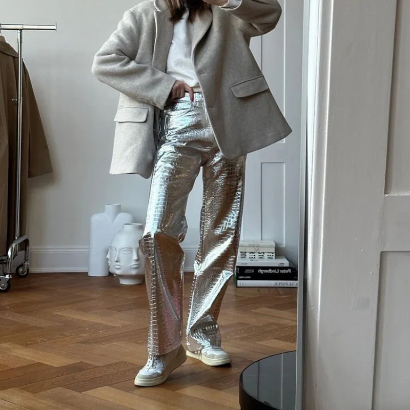 Autumn and winter silver PU leather pants fashion scale high waist long straight pants children's