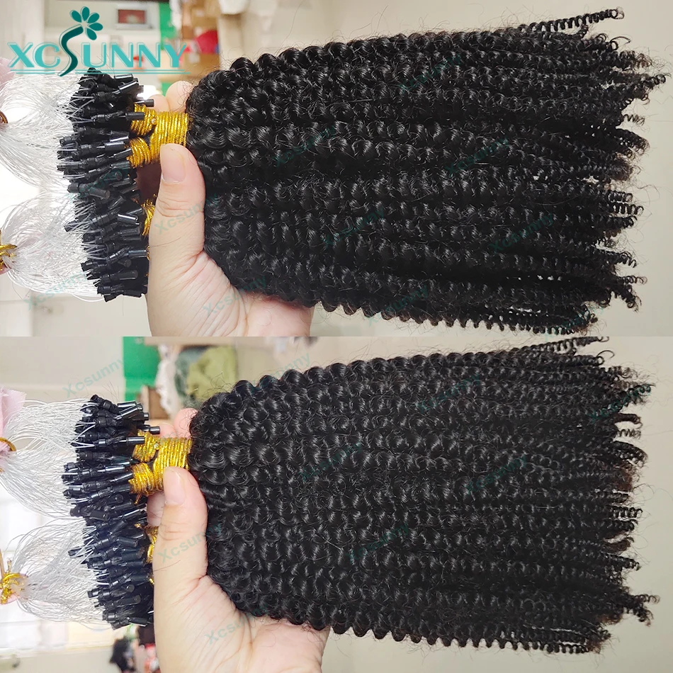 Extensiones de cabello humano rizado para mujeres negras, microeslabones rizados, anillo de bucle de doble dibujado birmano