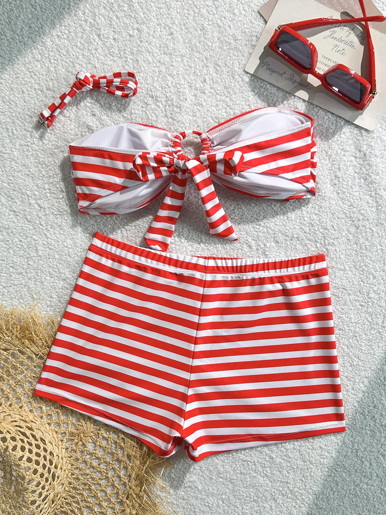 sexy red striped bandeau front tie bikinis sets two pieces shorts swimsuits bathing suits swimwear biquini tankini trikini