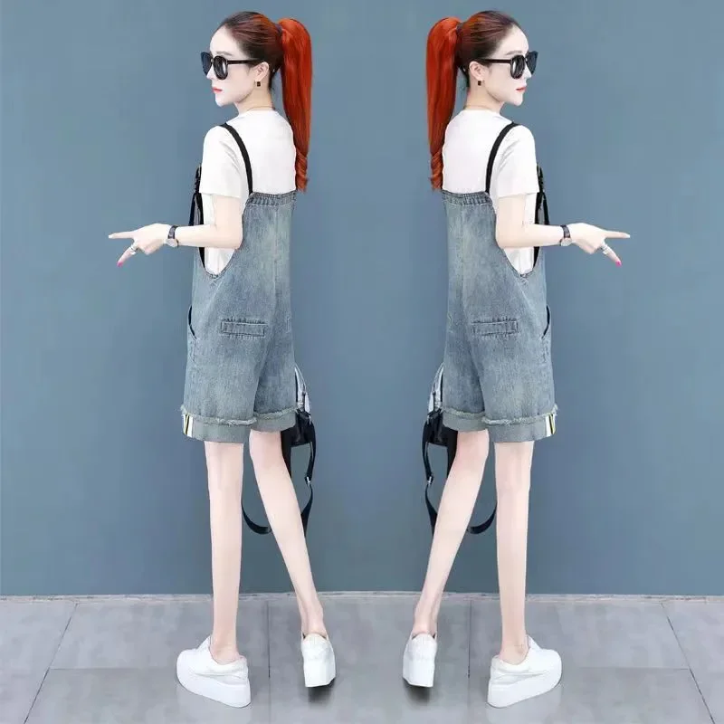 2024 New Summer Denim Suspenders Shorts Women Loose Large Size 3XL Fashion Cowgirl Overalls Pocket Zipper Dungarees Female