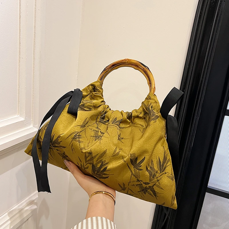 Nylon Chinese Style Bamboo Pattern Solid Bamboo Handle Fashion Handbag Casual Tote 2024 Hot Sale Bags for Women Bolsas Femininas