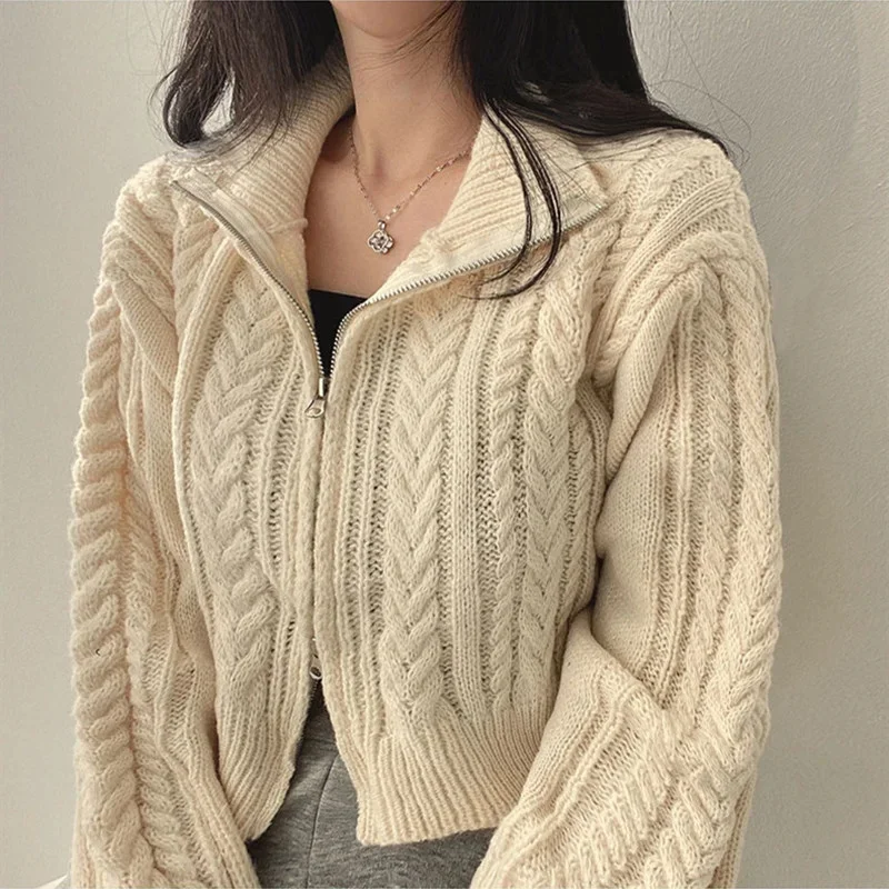 

Twists Sweater Coat Female Korean Fried Dough Autumn Winter Retro Temperament Student Double Zipper Solid Knitting Cardigan Top