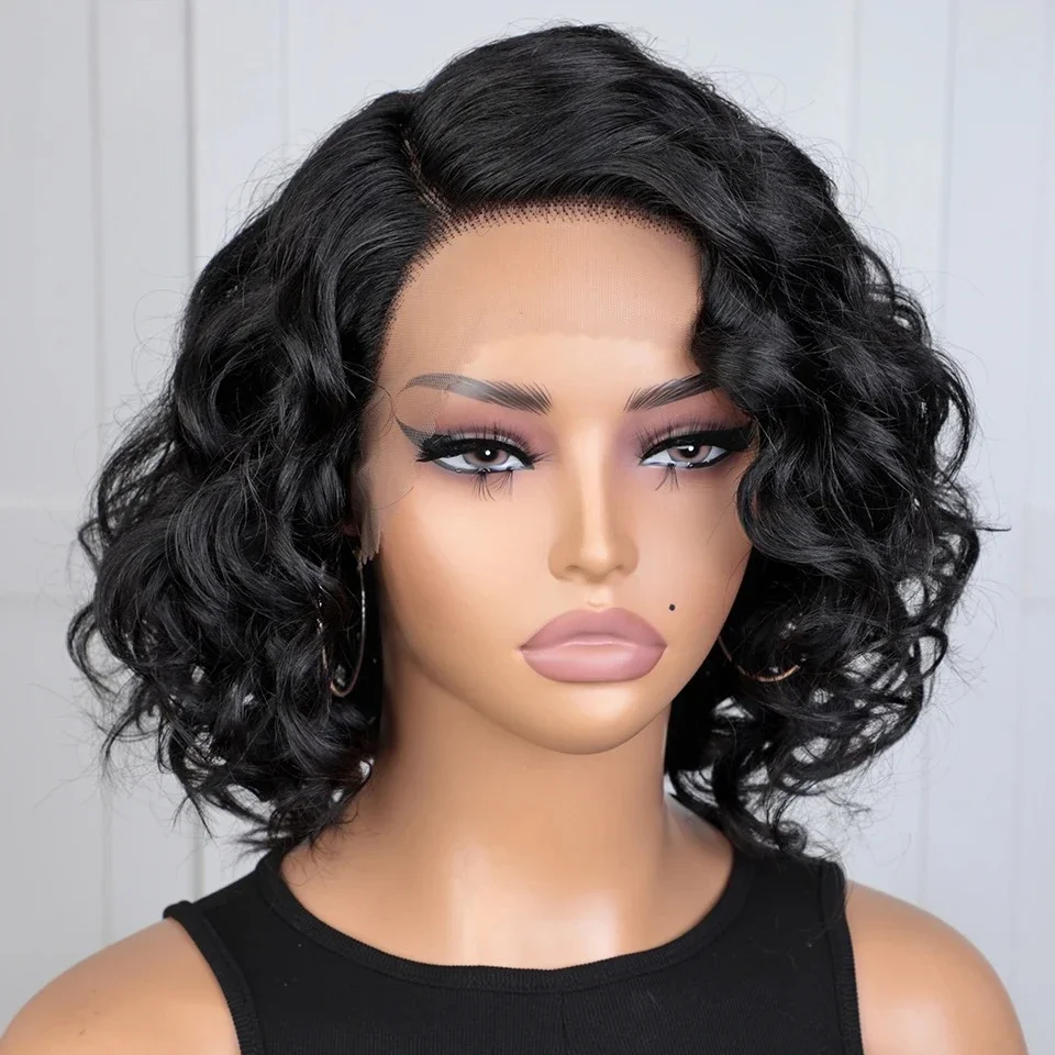 

Натуральный черный парик из бразильских волос с коротким кудрявым фасоном боб, с эффектом водной волны, на кружевной основе, для женщин.