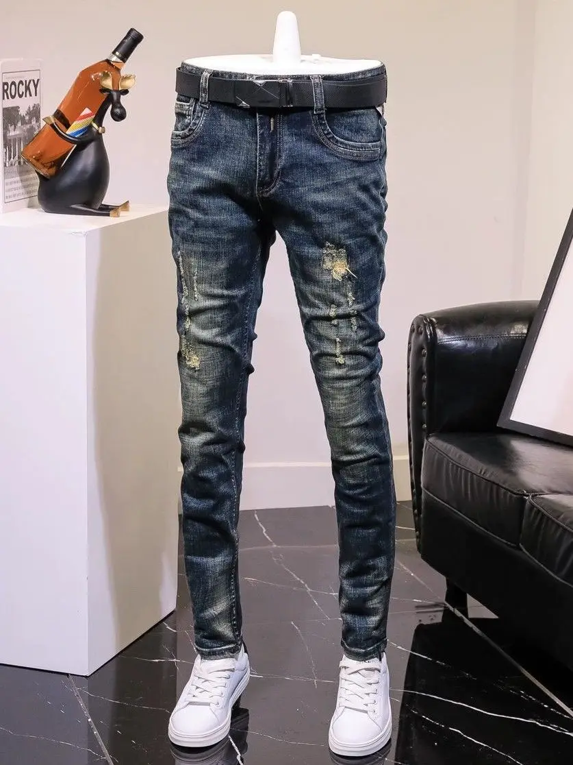 Moda estilo coreano vintage remendado rasgado fino ajuste jeans para homens remendos casual primavera outono calças jeans roupas de grife