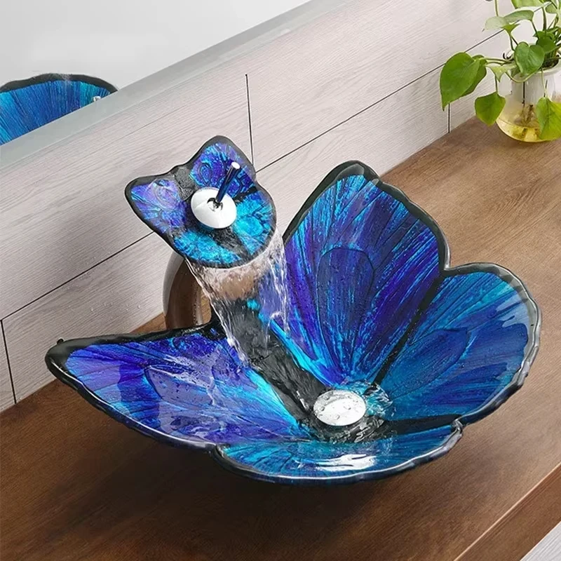 Butterfly-shaped Tempered Glass Bathroom washbasin Hotel Washroom Countertop Sink Personalized Hand Wash Pool Art Basin With Tap