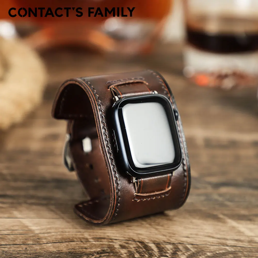 CONTACT\'S FAMILY Retro Genuine Leather Apple Watch Band iWatch Strap Series 3 4 5 6 7 8 SE Ultra Replace Wrist Strap 42mm 44mm