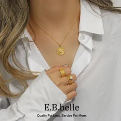 E.B.belle  3A Crystal Stone Paved Light Texture Coin Pendant Necklace Fine Polished Stainless Steel Jewelryin Gold
