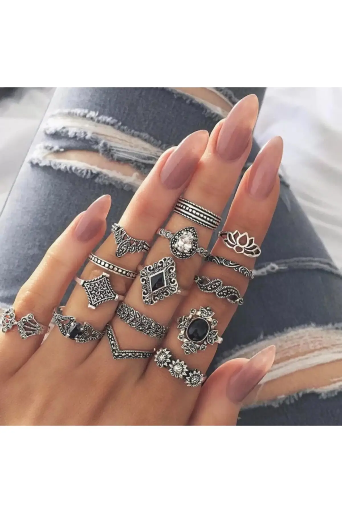 15 Buah Set Cincin Bersama Gaun Boho Wanita Antik Multi Gaya untuk Aksesori Perhiasan Warna Perak Emas Bohemian Jari Telunjuk