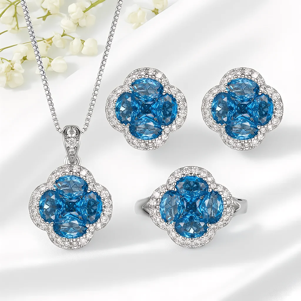 

4pcs Elegant Vintage Jewelry Set for Women Four Leaf Clover Inlay Necklace Shiny Crystal Choker Bridal Wedding Earrings Party